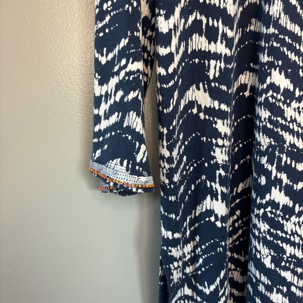 Soft Surroundings Large Akira Beaded Sequin Tunic Blue White Ikat Batik Pattern - Picture 3 of 6